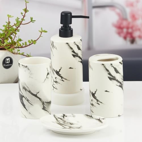 Kookee Ceramic Bathroom Accessories Set of 4, Modern Bath Set with Liquid handwash Soap Dispenser and Toothbrush Holder, Luxury Gift Accessory for Home, White/Black (10391) - Image 4