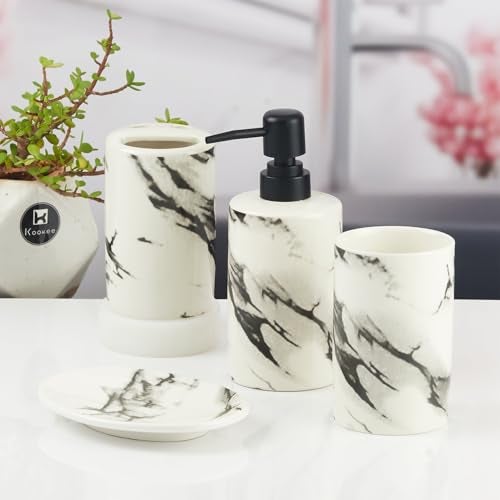 Kookee Ceramic Bathroom Accessories Set of 4, Modern Bath Set with Liquid handwash Soap Dispenser and Toothbrush Holder, Luxury Gift Accessory for Home, White/Black (10391) - Image 2
