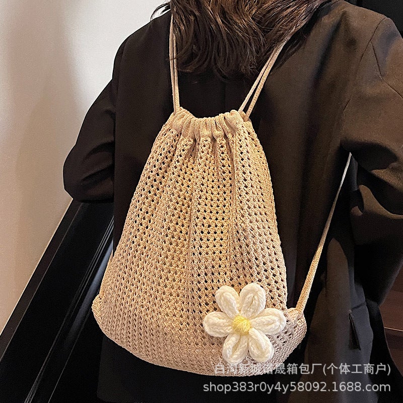 Casual Large Capacity Cotton Woven Bag New Hollow Straw Woven Bag Lazy Style Shoulder Bag Holiday Beach Bag Women'S Bag - Image 5