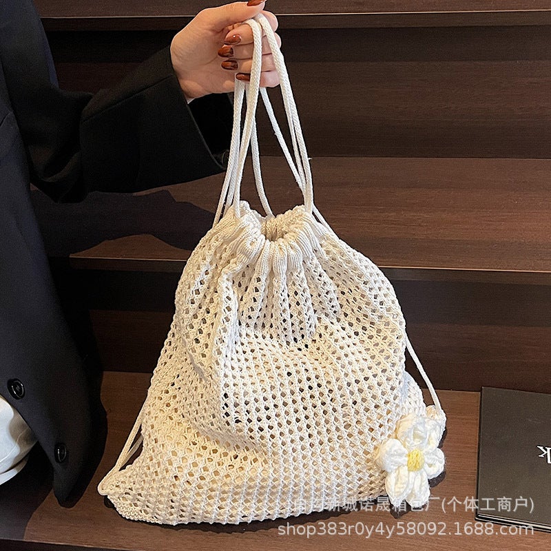 Casual Large Capacity Cotton Woven Bag New Hollow Straw Woven Bag Lazy Style Shoulder Bag Holiday Beach Bag Women'S Bag - Image 3