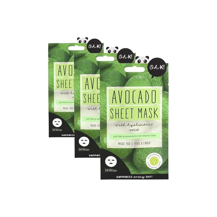 Oh K! Sheet Mask - Avocado - Moisturizing Face Mask - Hydrating Face Sheets - Rich in Hyaluronic Acid, Avocado Extract - Korean Skincare - 1 Pc (Pack of 3)