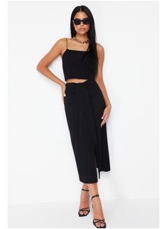 Black Gathered Detail Elastic Midi Skirt TWOSS24ET00088
