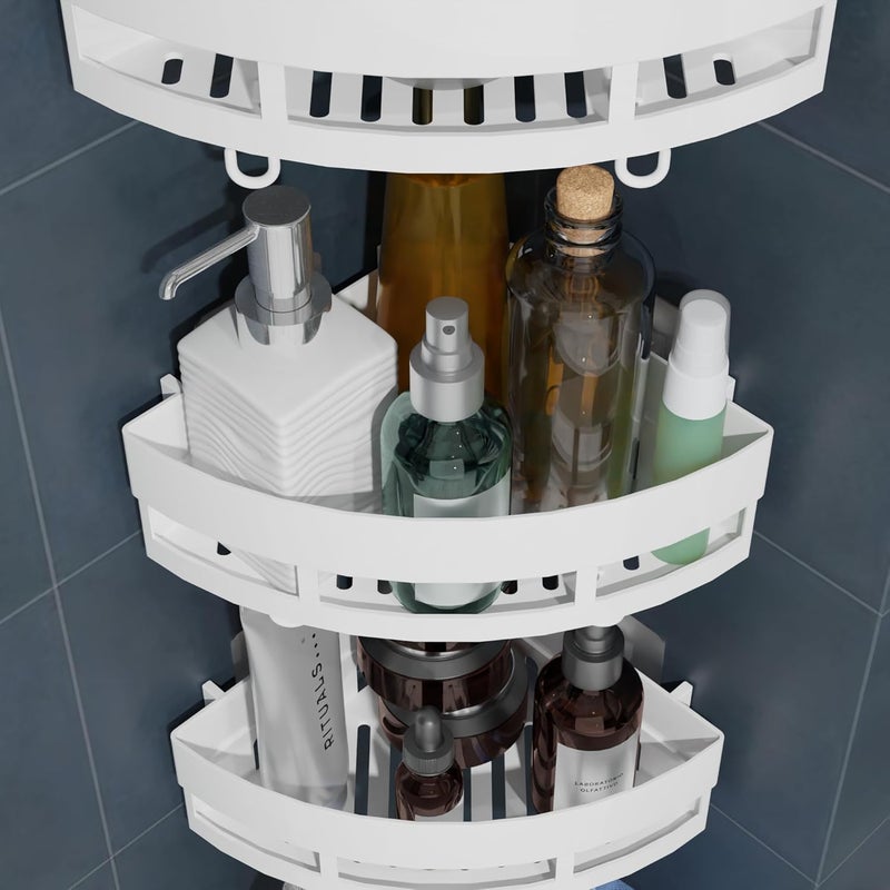M-Ved MVed SelfAdhesive Wall Multipurpose Bathroom Triangle Corner Shelf with HooksTowel HolderRackWithout Drill WhiteABS Plastic Set of 3 - Image 3