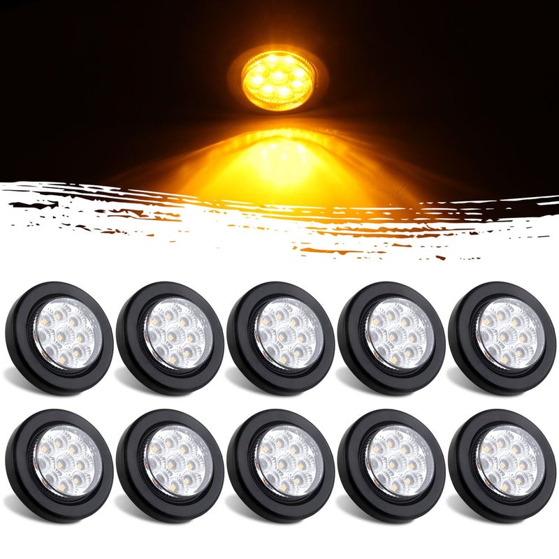 Jamarco 10Pcs 2â€ Inch Round Led Marker Lights 9 Amber LED Reflectors Clear Lens, 2 Inch Round LED Truck Trailer Clearance Side Marker Lights w/Light Grommets and 2 Prong Trailer Wire Pigtails 12V Waterproof - Image 1