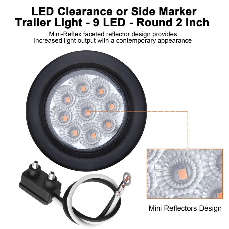 Jamarco 10Pcs 2â€ Inch Round Led Marker Lights 9 Amber LED Reflectors Clear Lens, 2 Inch Round LED Truck Trailer Clearance Side Marker Lights w/Light Grommets and 2 Prong Trailer Wire Pigtails 12V Waterproof - Image 4