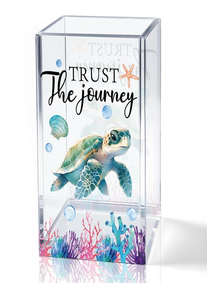 QYUVK Trust The Journey Acrylic Pencil Holder Cup, Inspirational Gifts for Friends Coworker, Funny Sea Turtle Pen Holder for Women Girls Turtle Lover, Pencil Cup for Desk, Marker Makeup Organizer - Image 1