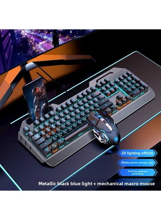 Forerunner TK900 Mechanical Keyboard Wired Mouse Suit Game Computer Electronic Competition Green Axis Wireless Keyboard Mouse Special-Color:Metal Black Blue-[Green Shaft-Classic Two-Piece Set] + Game Macro Mouse  - Image 1