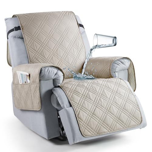 TAOCOCO 100% Waterproof Recliner Chair Cover, Oversized Recliner Covers for Large Recliner Chair with Double Straps, Non Slip Reclining Chair Cover for Kids, Pets(28'', Cream) - Image 1
