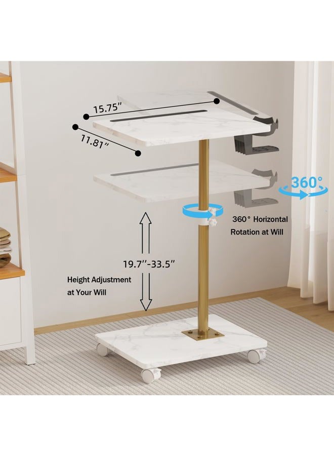 Katrawu TV Tray Table, Adjustable Dinner Trays for Eating Table, 360° Swivel & Sofa Armrest End Side Table, C Shaped Couch Snack Table for Bedroom, Living Room, Small Space(White+Gold) - Image 2