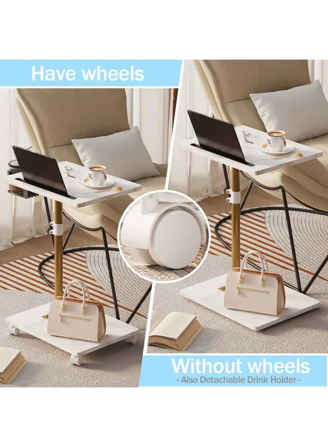 Katrawu TV Tray Table, Adjustable Dinner Trays for Eating Table, 360° Swivel & Sofa Armrest End Side Table, C Shaped Couch Snack Table for Bedroom, Living Room, Small Space(White+Gold) - Image 3