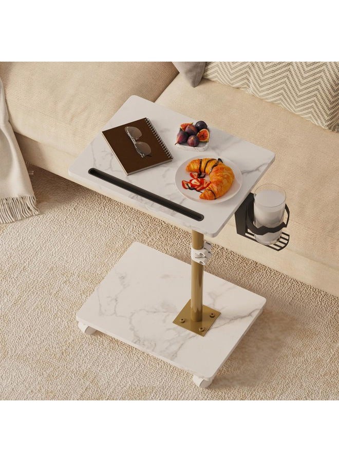 Katrawu TV Tray Table, Adjustable Dinner Trays for Eating Table, 360° Swivel & Sofa Armrest End Side Table, C Shaped Couch Snack Table for Bedroom, Living Room, Small Space(White+Gold) - Image 1