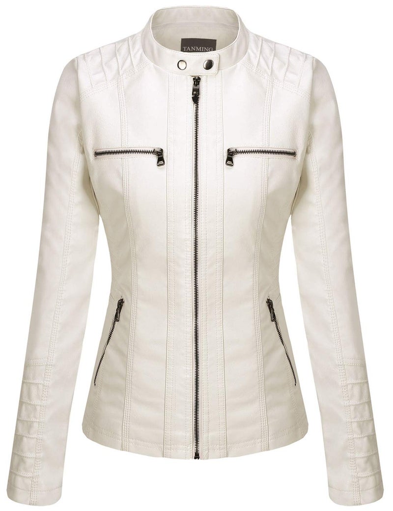 Tanming Women's Womens Hooded Faux leather Jackets (Small, White) - Image 3