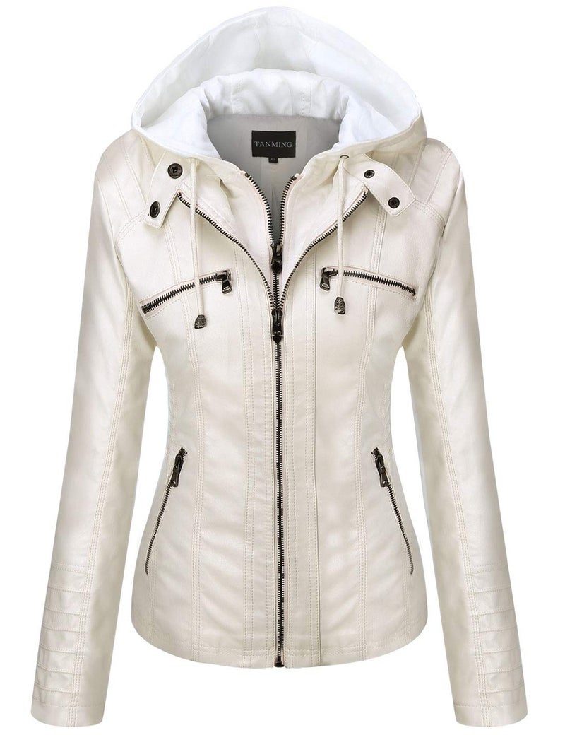 Tanming Women's Womens Hooded Faux leather Jackets (Small, White) - Image 1
