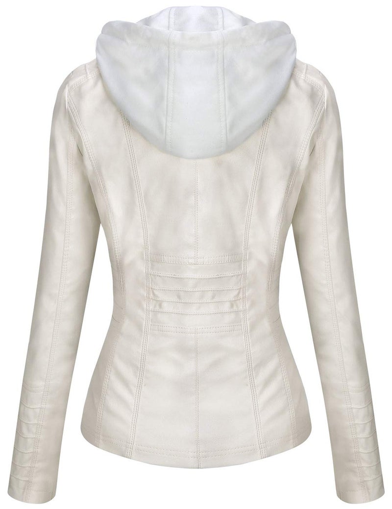 Tanming Women's Womens Hooded Faux leather Jackets (Small, White) - Image 2