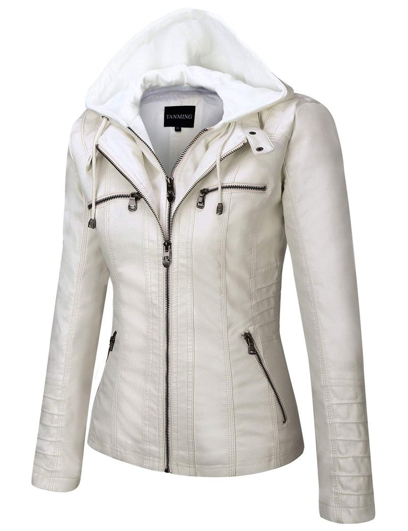 Tanming Women's Womens Hooded Faux leather Jackets (Small, White) - Image 4