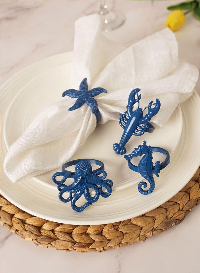 Utalek Coastal Theme Sea Creatures Napkin Rings Starfish Sea Shells Metal Napkin Rings Set of 6 for Dinner Party, Summer, Wedding, Beach Table Decor, Family Gatherings, or Everyday Use (6, Blue) - Image 2
