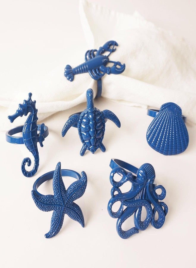 Utalek Coastal Theme Sea Creatures Napkin Rings Starfish Sea Shells Metal Napkin Rings Set of 6 for Dinner Party, Summer, Wedding, Beach Table Decor, Family Gatherings, or Everyday Use (6, Blue) - Image 1