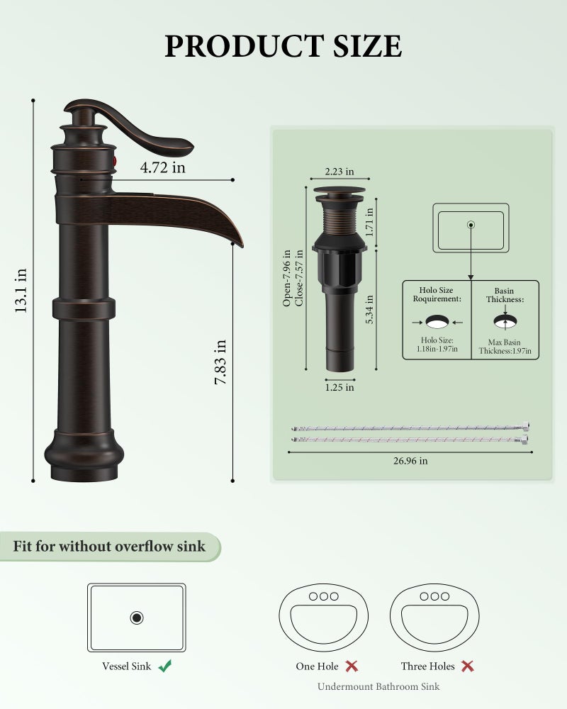Homevacious Oil Rubbed Bronze Waterfall Vessel Sink Tall Black Single Handle Bath Basin Farmhouse with Pop Up Drain Assembly Lavatory One Hole Mixer Tap Without Overflow - Image 3