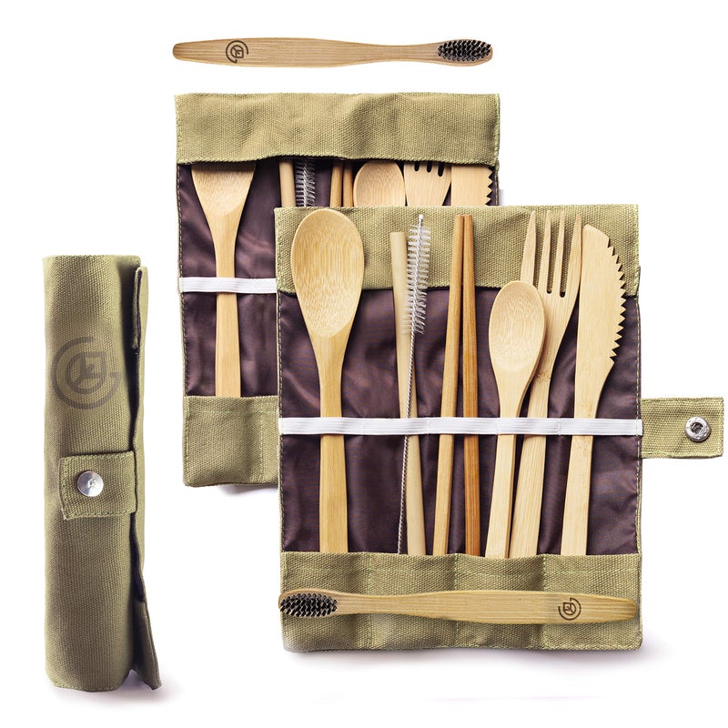 Greenzla Double Pack Bamboo Utensils Set with Bonus Toothbrush Pair Straw Spoon Fork Knife Teaspoon Chopsticks Brush  Duo Storage Bags  Reusable Bamboo Cutlery  Wooden Utensil Set