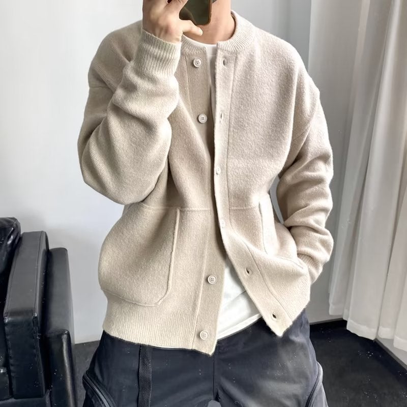 Japanese Wool Cardigan Mens Casual Knit Sweater Jacket Apricot - Image 1