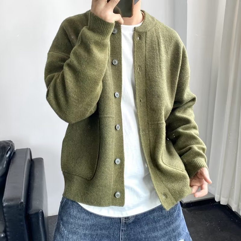 Japanese Wool Cardigan Mens Casual Knit Sweater Jacket Apricot - Image 2