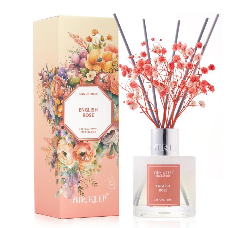 Airkeep Reed Diffuser Set,3.38 fl oz (100 ml) - English Rose Oil Diffusers with 8 Reed Sticks, Home Fragrance Reed Diffuser for Bathroom Shelf Decor - Image 1