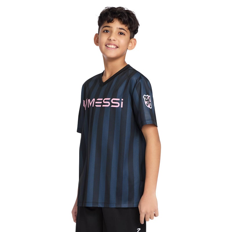 Messi Boys' Lifestyle Short Sleeve Top, Loose-fit V-Neck Shirt with Logo, Comfortable, Striped V-Neck TOP - Stretch Limo, 6 - Image 2