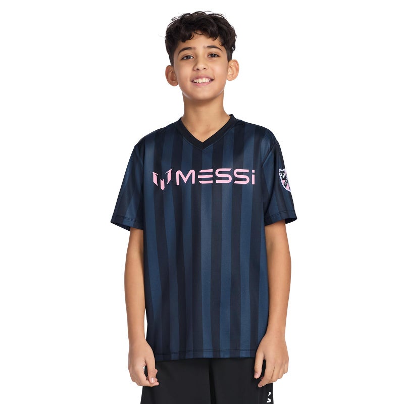 Messi Boys' Lifestyle Short Sleeve Top, Loose-fit V-Neck Shirt with Logo, Comfortable, Striped V-Neck TOP - Stretch Limo, 6 - Image 1