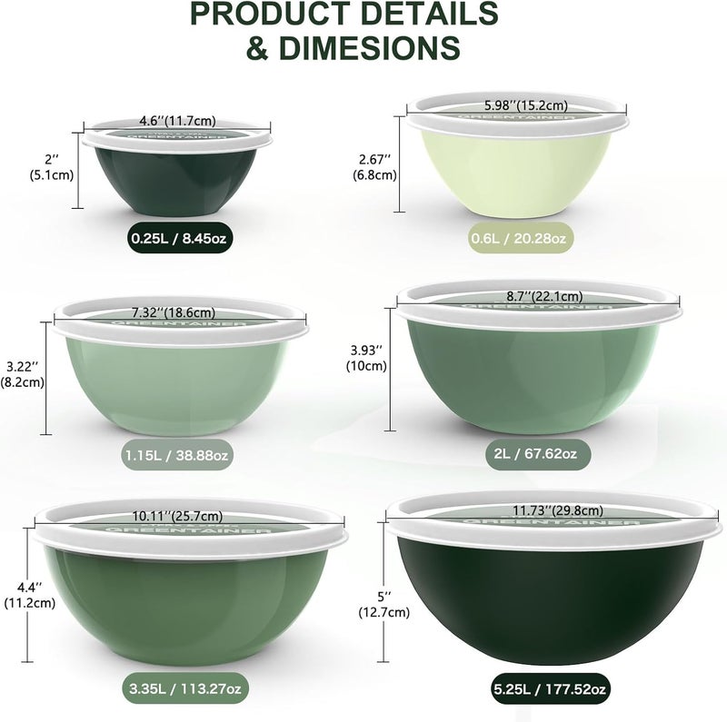 Greentainer Plastic Mixing Bowls with Lids Set for Kitchen, 6 Set Nesting Bowls for Mixing, Baking, Prepping, Cooking and Serving Food, Mixing Bowls Dishwasher, Microwave Safe - Image 3