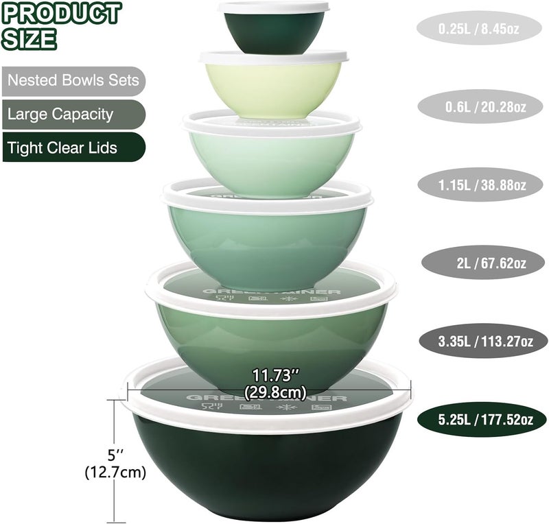 Greentainer Plastic Mixing Bowls with Lids Set for Kitchen, 6 Set Nesting Bowls for Mixing, Baking, Prepping, Cooking and Serving Food, Mixing Bowls Dishwasher, Microwave Safe - Image 2