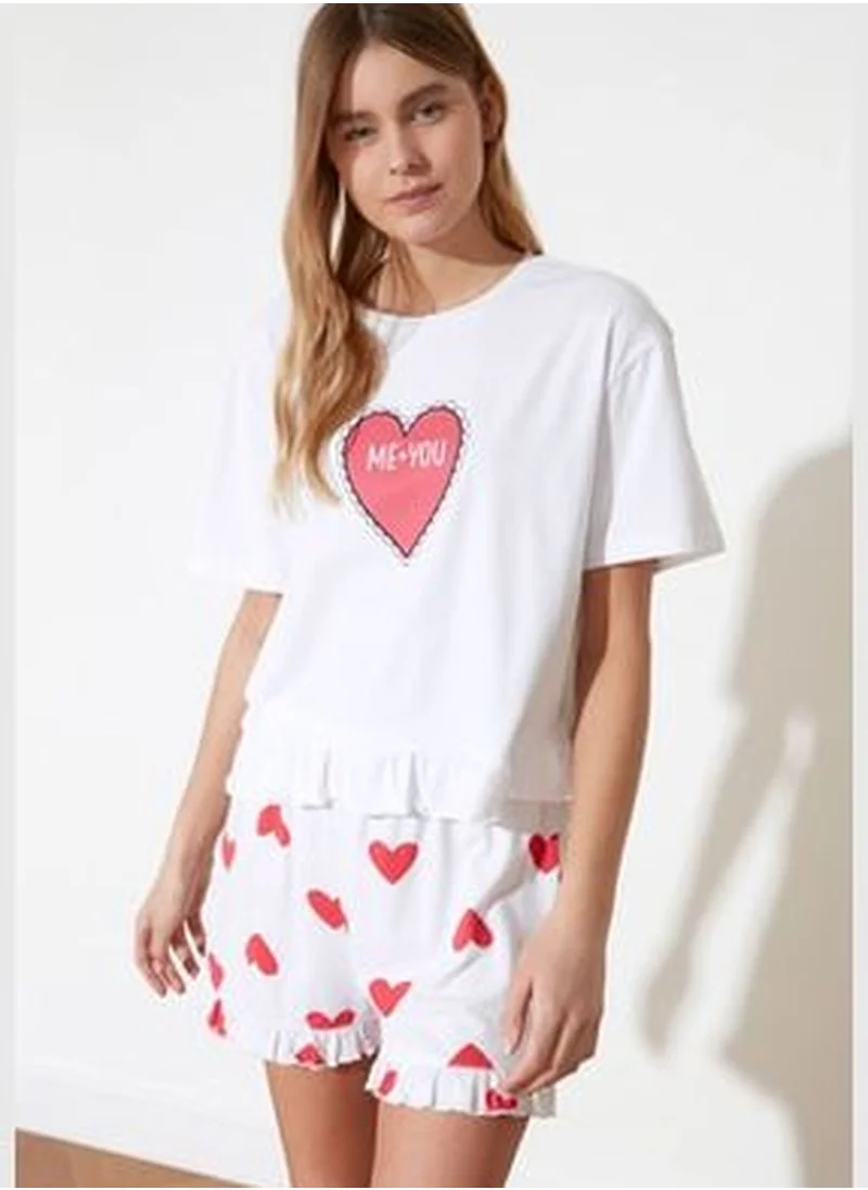 trendyol Multicolored Heart Printed Cotton T-shirt-Shorts and Knitted Pajamas Set THMSS21PT0467