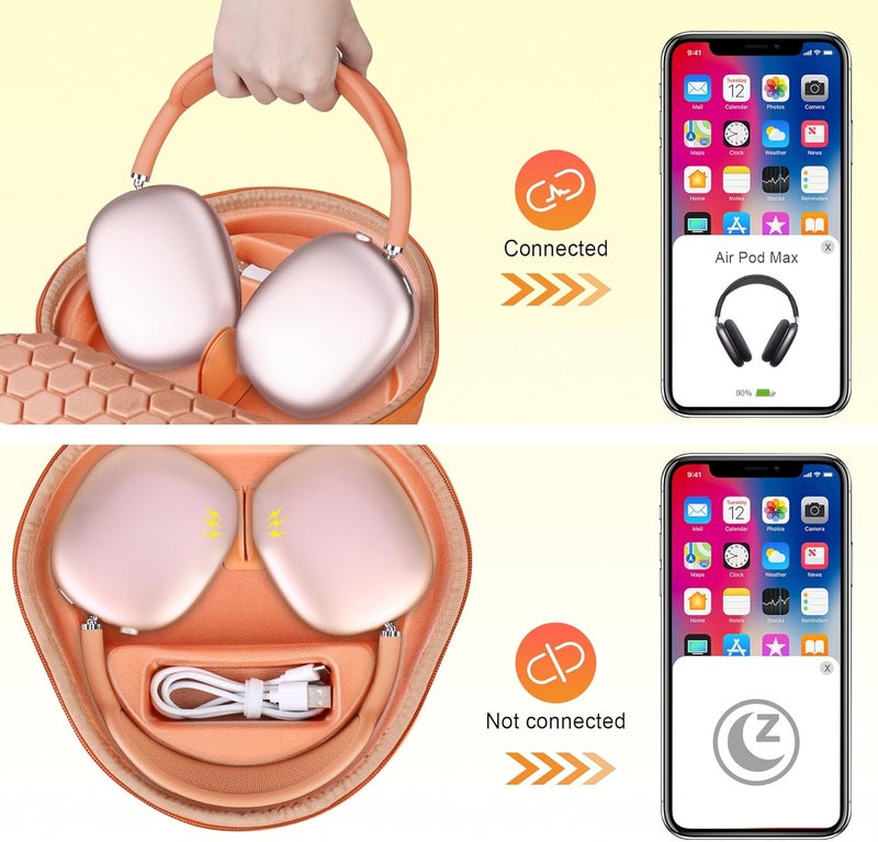 بوفك حقيبة الصلبة مع وضع السكون لسماعات Apple AirPods Max 2 / AirPods Max اللاسلكية فوق الأذن، حامل سفر ذكي محمول لـ AirPods Max 2 / Max، جيب شبكي لإكسسوارات السماعات، برتقالي - Image 2
