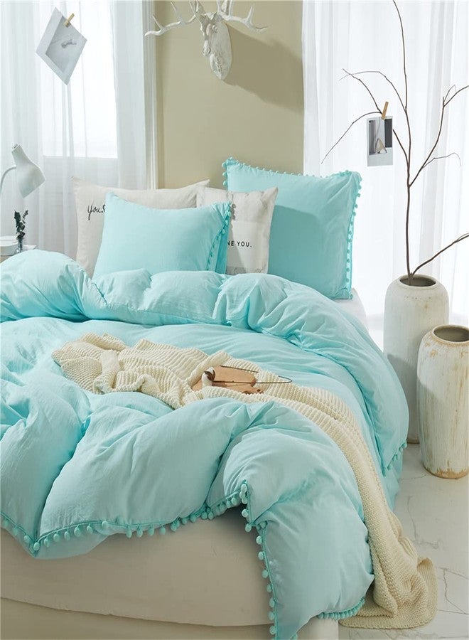 IHOUSTRIY Duvet Cover Full Size,100% Polyester 3pcs Bedding Duvet Cover Set, Pom Poms Fringe Solid Color Soft and Breathable with Zipper Closure & Corner Ties (Turquoise Blue, Full) - Image 1