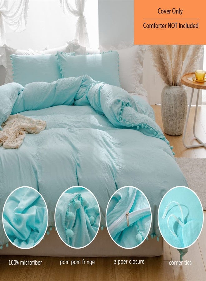 IHOUSTRIY Duvet Cover Full Size,100% Polyester 3pcs Bedding Duvet Cover Set, Pom Poms Fringe Solid Color Soft and Breathable with Zipper Closure & Corner Ties (Turquoise Blue, Full) - Image 2