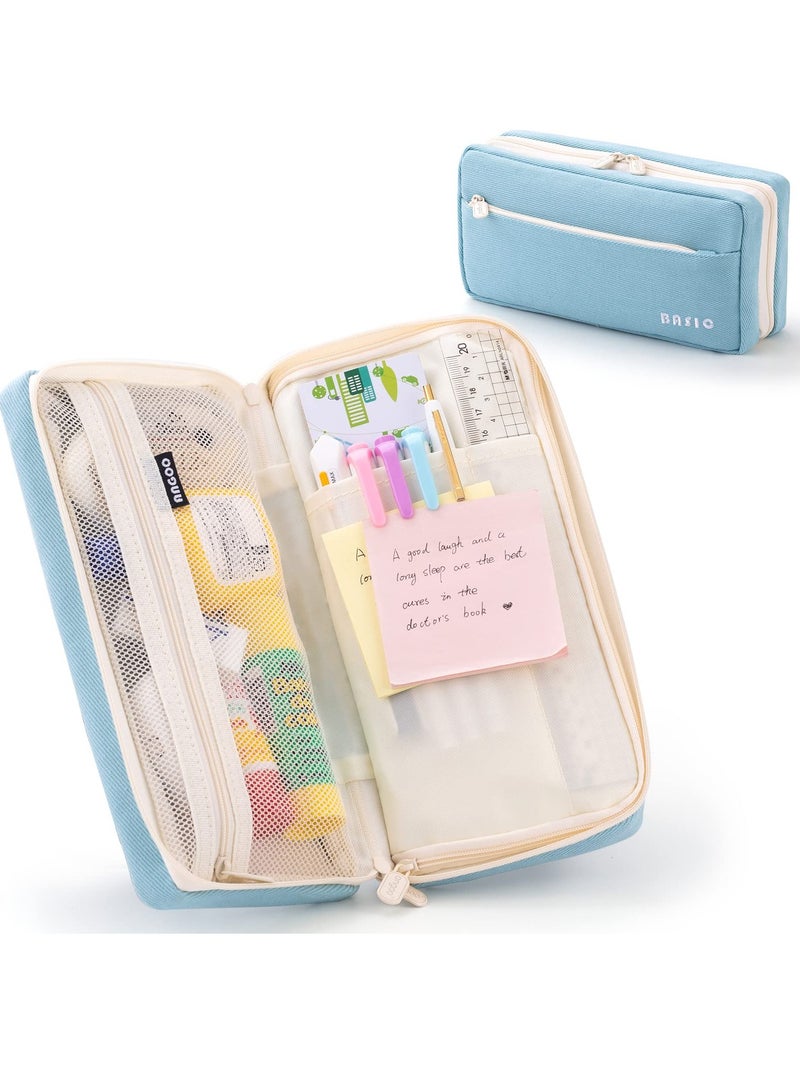 Spacious Double Zipper Pencil Case, Versatile Storage Bag for Pens and Markers, Ideal Organizer for School, Office, and Travel, Perfect for Students and Professionals in Blue  - Image 1