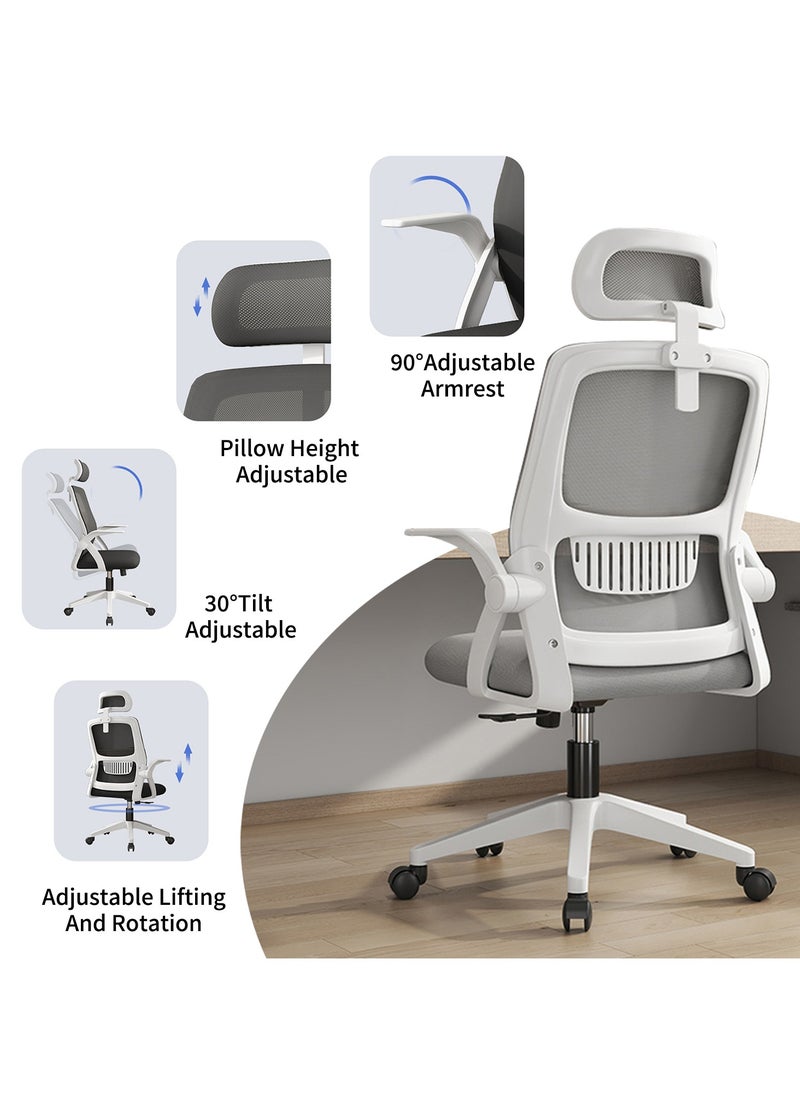 Bluejw - Home Office Net Breathable Computer Chair Work Desk Chair Comfort Ergonomic Swivel Computer Gaming Chair, Breathable Mesh Desk Chair, Lumbar Support Task Chair with Wheels and Flip-up Arms Grey - Image 1