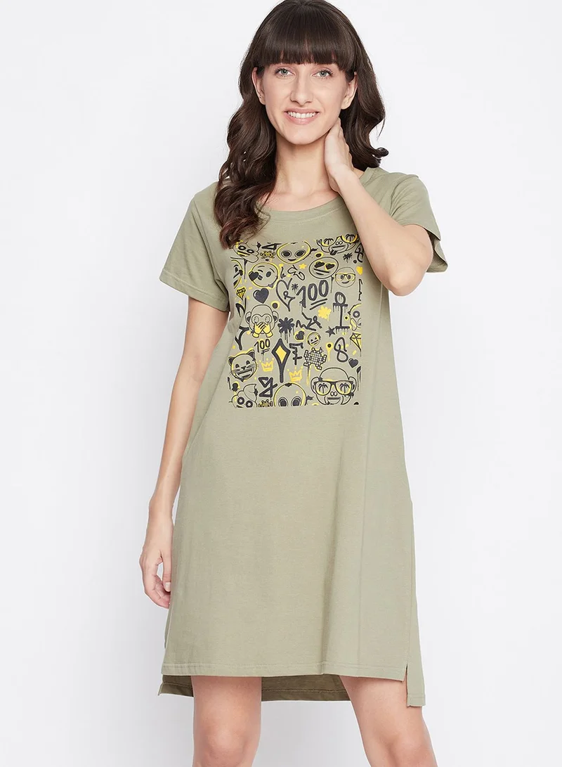 Clovia Emoji Print Short Nightdress - 100 % Cotton