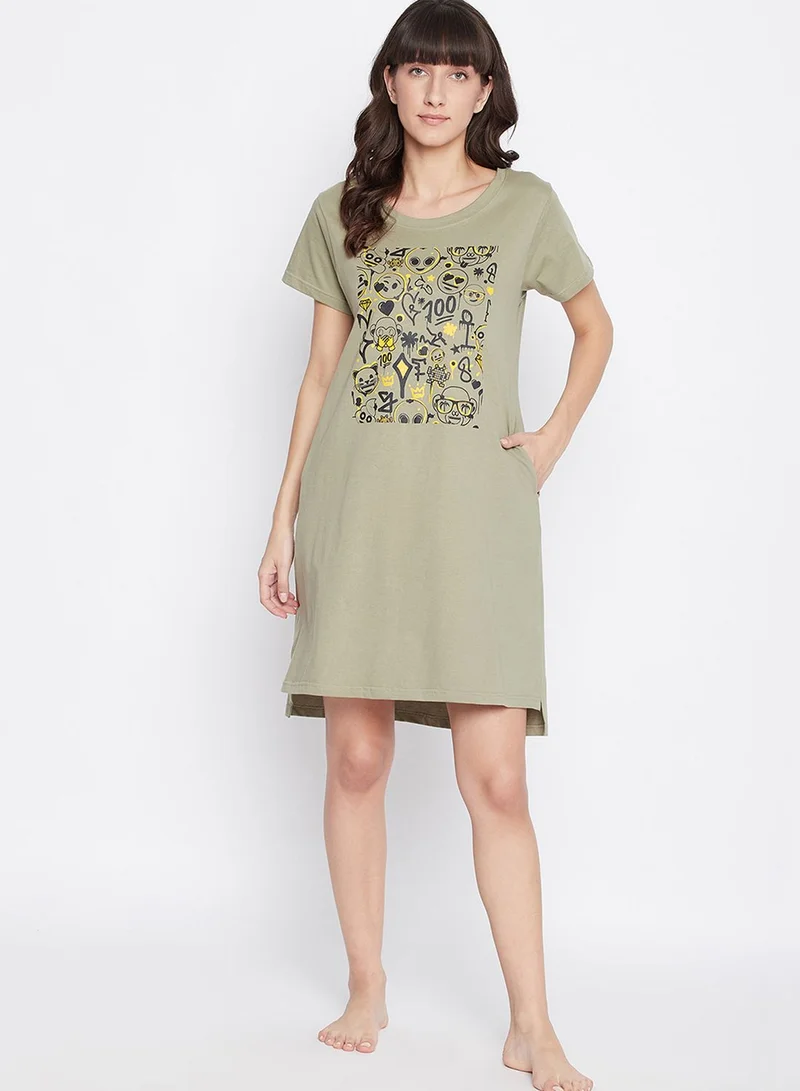 Clovia Emoji Print Short Nightdress - 100 % Cotton