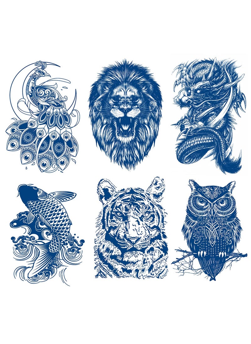 Oottati 6 Sheets Semi Permanent Fake Waterproof Temporary Tattoo Adult Body Art Long Lasts 1-2 Weeks, Animal Set Peacock Lion Koi Carp Tiger Owl Dragon Deep Blue, Realistic Body Art Sticker 