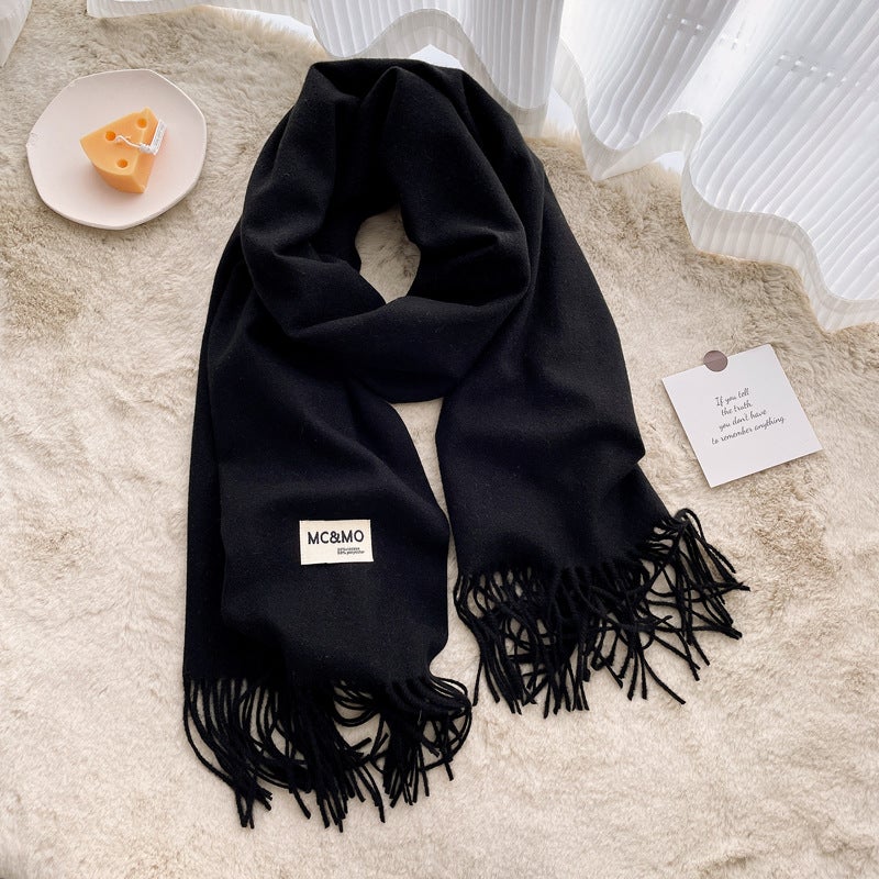 Cashmere Scarf Feel Solid Color Tassel Shawl Long Couple Warm Cashmere Scarf All-Match Monochrome Shawl - Image 1