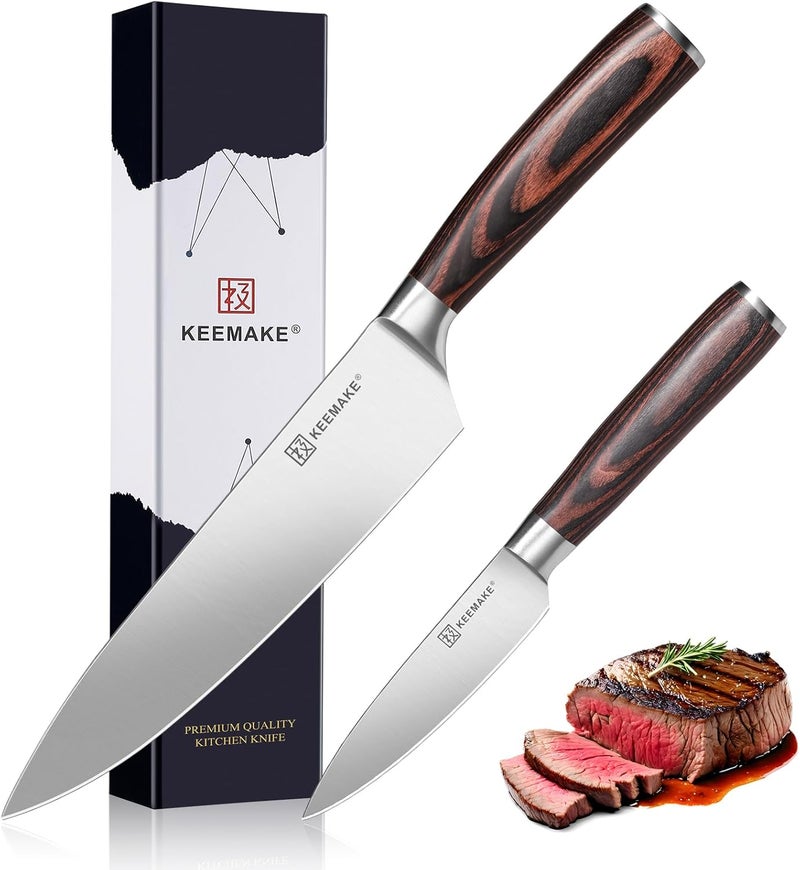 KEEMAKE Professional Chef Knife Set 2 Pieces - Kitchen Knives High Carbon Stainless Steel Ultra Sharp Blade & Ergonomic Pakkawood Handle, Perfect for Meat Cutting, Vegetable Chopping & Culinary Gifts - Image 1