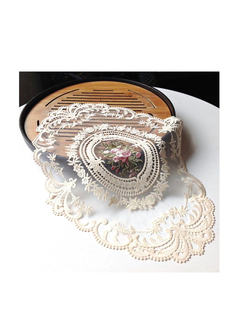 KASTWAVE 2 Pack Lace Placemats, Embroidered Dinning Table Place Mats, Retro French Style Cup Mat for Home Kitchen Decoration (Beige）  - Image 1