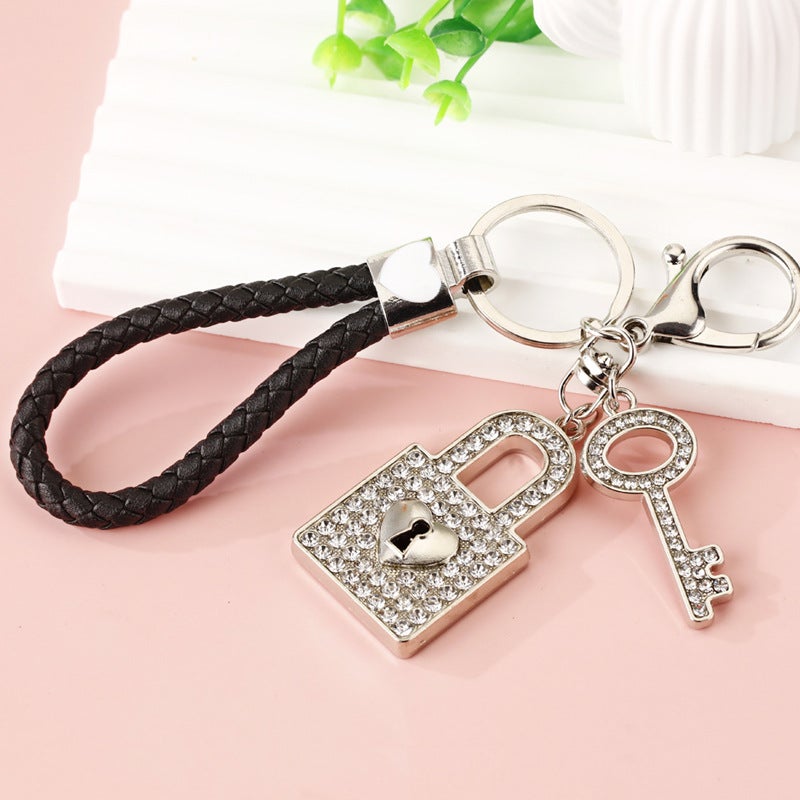 Heart Lock Diamond Couple Keychain Black rope + concentric lock Silver