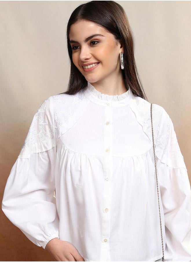Vishudh Floral Embroidered Mandarin Collar Shirt Style Top by Styli  - Image 1