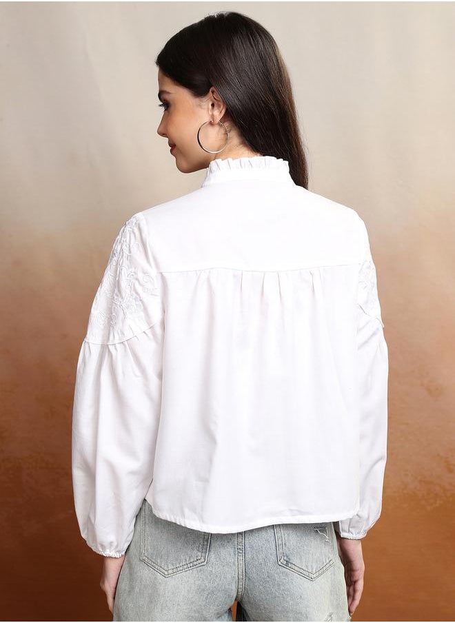 Vishudh Floral Embroidered Mandarin Collar Shirt Style Top by Styli  - Image 3