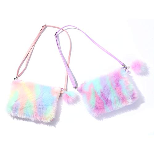 Newfancy Women Girls Kids Fluffy Fuzzy Bag Plush Tie Dye Rainbow Crossbody Purse Wallet, Purple, One Size - Image 4