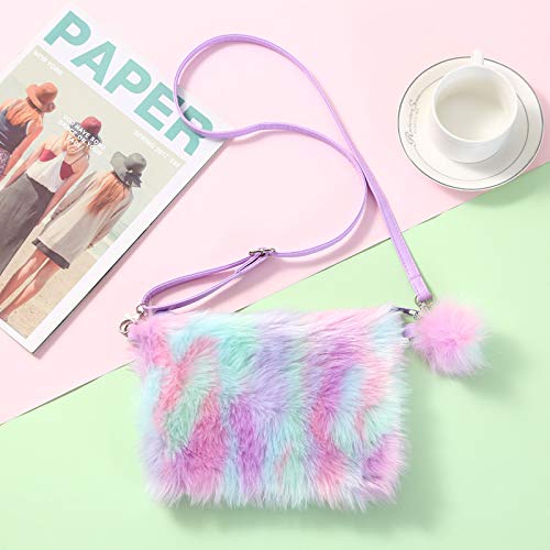 Newfancy Women Girls Kids Fluffy Fuzzy Bag Plush Tie Dye Rainbow Crossbody Purse Wallet, Purple, One Size - Image 2