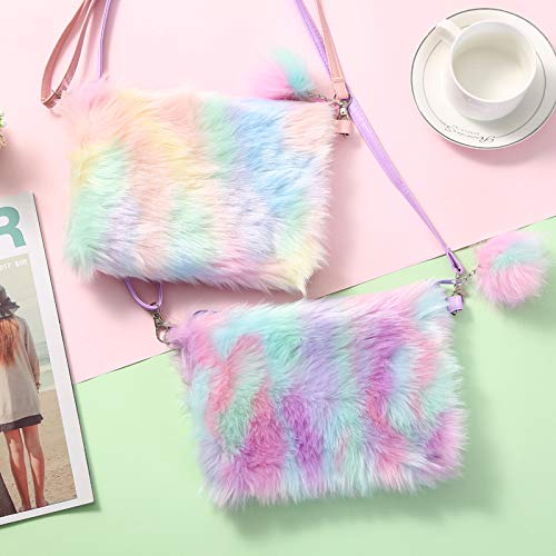 Newfancy Women Girls Kids Fluffy Fuzzy Bag Plush Tie Dye Rainbow Crossbody Purse Wallet, Purple, One Size - Image 5