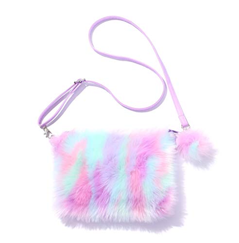 Newfancy Women Girls Kids Fluffy Fuzzy Bag Plush Tie Dye Rainbow Crossbody Purse Wallet, Purple, One Size - Image 1
