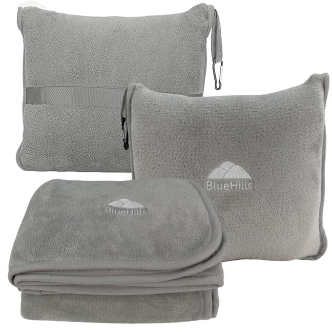 PREMIUM SOFT TRAVEL BLANKET PILLOW AIRPLANE FLIGHT BLANKET THROW IN SOFT BAG PILLOW CASE WITH LUGGAGE BELT BACKPACK CLIP COMPACT PACK LARGE LIGHT GRAY T024